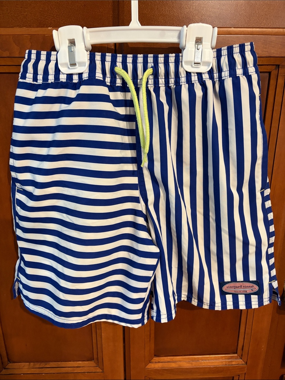 Vineyard Vines Blue & White Striped Boys Swim Shorts with Neon Drawstring